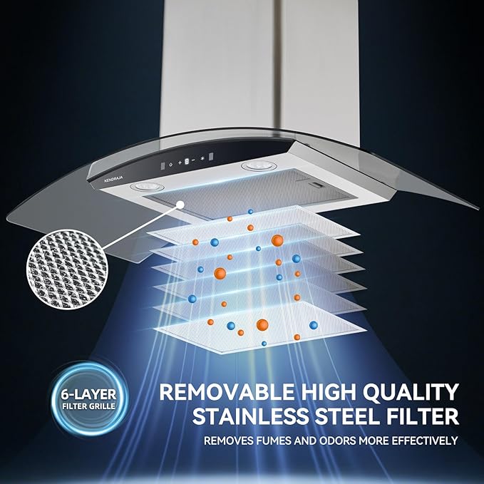 36 Inch Wall Mount Range Hood 700 CFM Ducted Vent Hood, Tempered Glass & Stainless Steel Filters - Gesture Sensing & Touch Control, 3-Speed, 2 LED Lights (Black Panel)