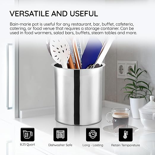 OCS Parts 8.25 Quart Bain Marie Pot | 9-5/8" x 7-3/8" Stainless Steel Pot for Warm or Cold Food, Sauces, Soups, or Organizing Cooking Utensils