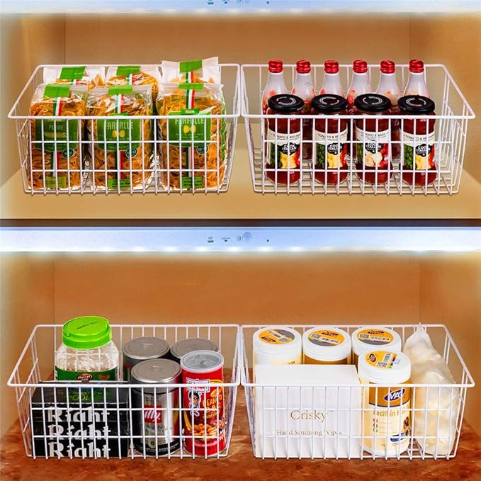 SANNO Freezer Baskets Wire Storage Baskets Closet Storage Baskets Bins Refrigerator Storage Containers for Home Office, Bathroom, Pantry Organization Storage Bins -Set of 3, White, 15.7"
