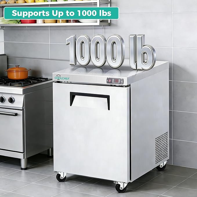 28" Commercial Worktop Refrigerator, 8 Cu.ft Single Door Stainless Steel Prep Table Fridge, R290 Undercounter Refrigerator with Casters