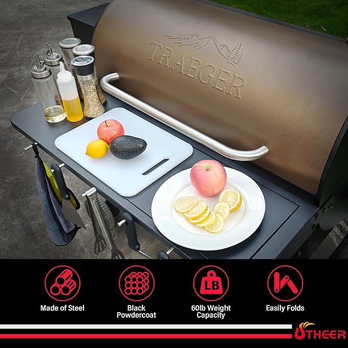 Utheer Upgraded Folding Front Shelf for Traeger Pro 34 Series, Century 885, Texas Elite 34, 37"x12" Heavy-Duty BBQ Prep Table with Cutting Board, Basin, 5 Hooks, 60-LB Load Steel Folding Grill Shelf