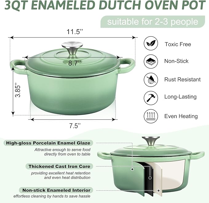 TeamFar Enameled Cast Iron Dutch Oven - 3QT Small Dutch Oven Pot with Lid - Heavy Duty Cast Iron Pot Cookware for Bread Baking, Braising, Stewing, Roasting, Pistachio Green