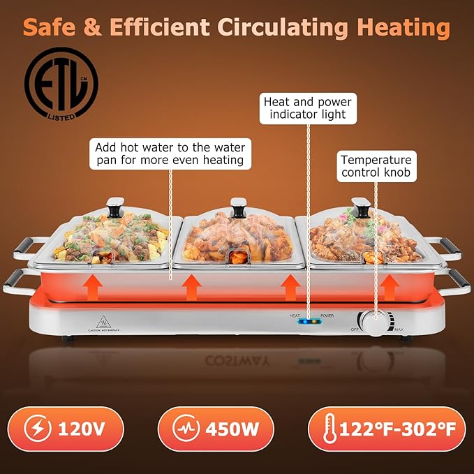 Giantex Buffet Server & Electric Food Warmer, 2-in-1 Food Warming Tray, Adjustable Temperature, 3 Food Pans with Lids, Dishwasher Safe, 8 QT Stainless Steel Chafing Dishes for Parties Holiday Events