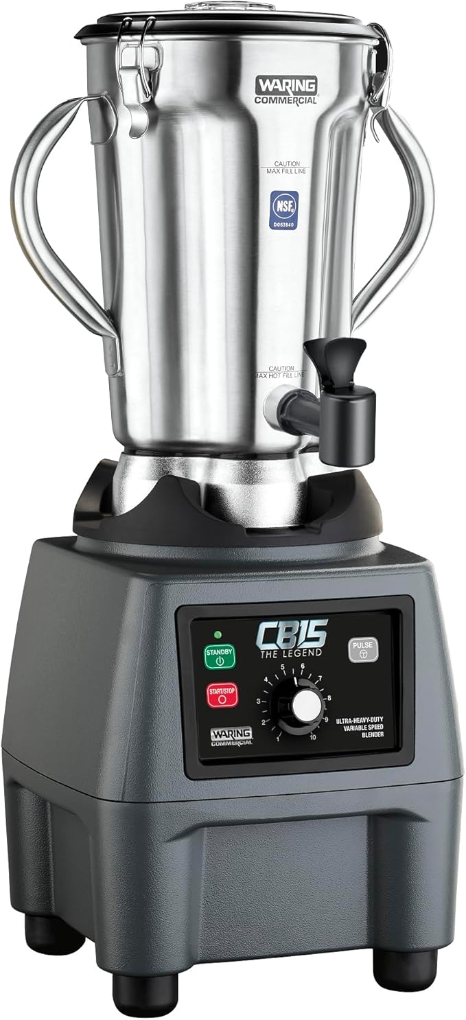 Waring 1-Gallon Blender, 3.75 HP, Variable Speed, Stainless Steel Jar with Spigot & Handles, Commercial for Smoothies, Soups & Sauces – CB15VSF