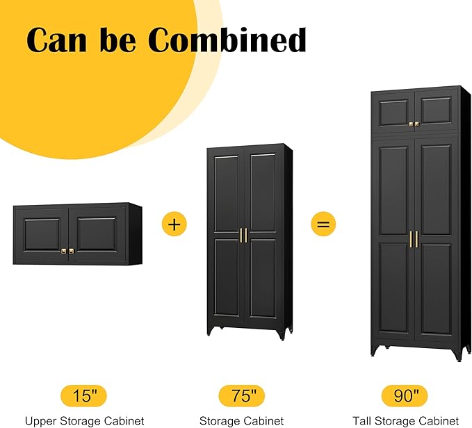 90”Kitchen Pantry Cabinet,Metal Storage Cabinets with Doors and 4 Adjustable Shelves,Black Kitchen Cabinet with 2 Gold Handles,Tall Cabinet for Livingroom, Bathroom