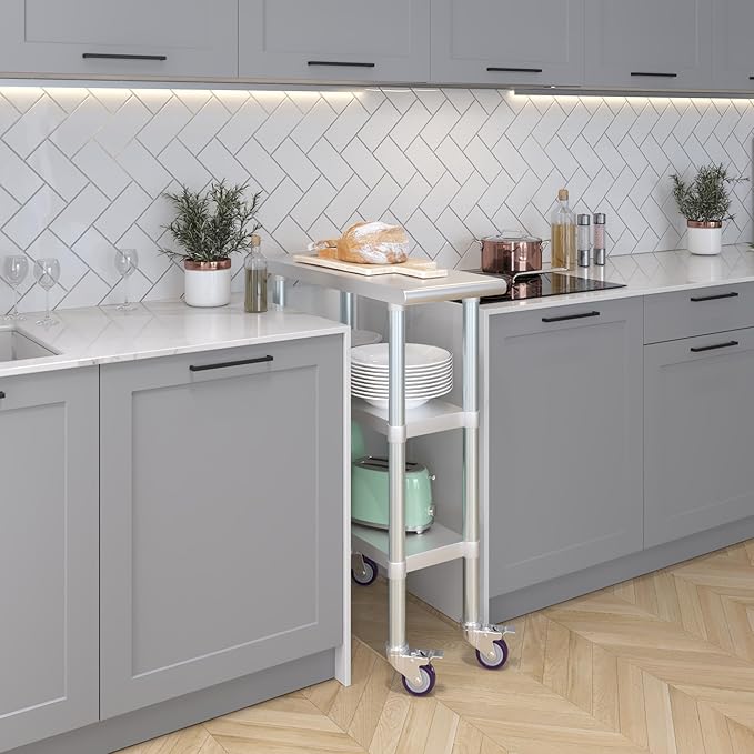 AmGood Stainless Steel Work Table with 2 Shelves and Casters | Metal Utility Table On Wheels (Stainless Steel Work Table with 2 Shelves + Casters, 12" Long x 30" Deep)