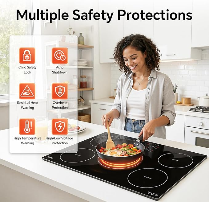Ranein Induction Cooktop 30 Inch, Build-in 5 Burners Electric Stove Top, 9 Power Settings, Max 9200W, Sensor-Control Induction Hob with Multiple Safety Protections, Compatible with Magnetic Cookers