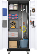 SUXXAN Broom Closet Storage Cabinet, Metal Cabinets with 13 Hooks and Hanging Rods, 71" Metal Storage Cabinet, Heavy Duty Cleaning Cabinet for Garage, Laundry Room