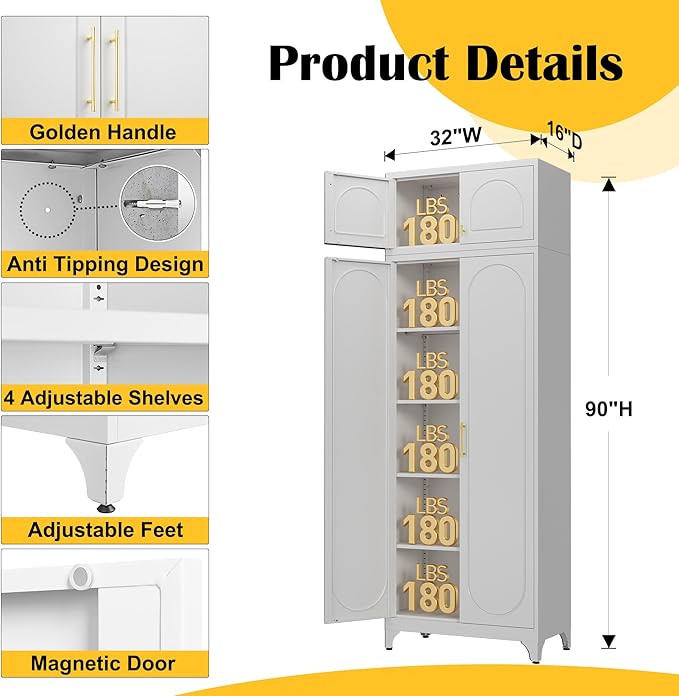 Metal Storage Cabinet and Wall Upper Storage Cabinet,90Inch White Kitchen Pantry Cabinets with 4 Adjustable Shelves,Tall Food Cupboards for Living Room, Dining Room Office