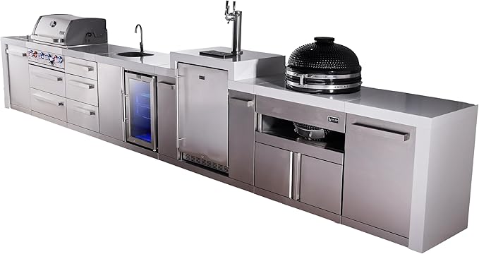 Mont Alpi Premium 4-Burner 226" Deluxe Stainless Steel Island Modular Outdoor Kitchen Island BBQ Gas Grill + Side Burner + Beverage Center Faucet Sink + Kegerator + Kamado + Storage Drawers & Cabinets