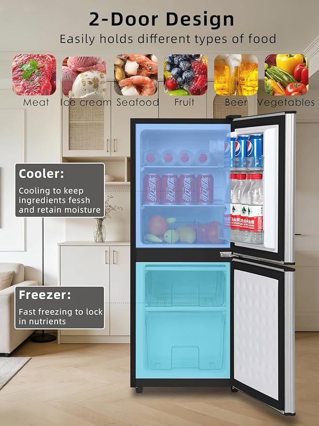 4.0 Cu.Ft Refrigerator with Freezer, 2 Doors Fridge with Adjustable Thermostat Control, Refrigerator for Kitchen, Dorm, Apartment, Garage, Office, Silver