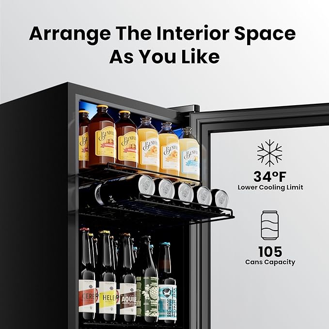 Yeego Beverage Refrigerator Cooler, 105 Cans Mini Fridge with Glass Door Beverage Fridge with Adjustable Shelves for Soda Beer or Wine, Beverage Cooler with Digital Temperature Control for Home Office