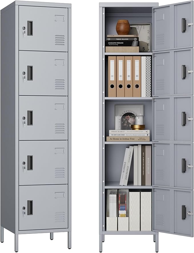 METAN Metal Storage Employees Locker with 5 Lockable Doors,Locking Storage Cabinets for Small Spaces,Home,School,Gym,Assembly Required,Dark Gray