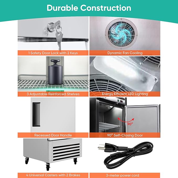27" Commercial Freezer, 23Cu.Ft Single-Door Stainless Steel Reach-In Freezer, -8~0℉, Air Cooling, 3 Shelves, R290, ETL