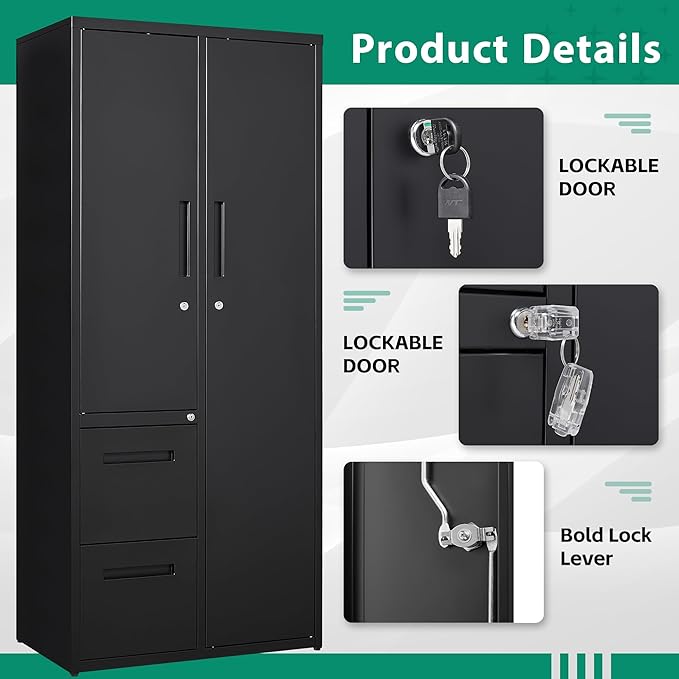 Letaya Metal Storage Cabinets with Drawers, Staff Locker with Lock Door and Shelves-Wardrobe Clothing/File/Tool Storage for Office, Home, School, Employee,Gym,Fire Department,Garage (Black)