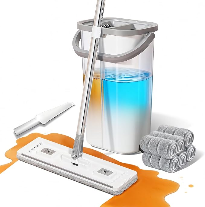Wall Mop and Bucket Set: Wringing Wall Scrubber for Bathroom Cleaning Floor Mop with Spinner for Kitchen Lovely Gift for Women 6 Reusable Pads
