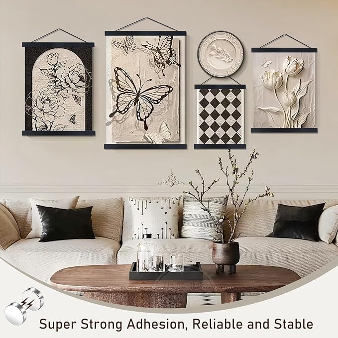 2 Pack Magnetic Poster Hanger Frame, 22x34 22x28 22x30 Light Wood Wooden Magnet Canvas Artwork Print Dowel Poster Hangers Frames Hanging Kit (Black, 22",2 Packs）