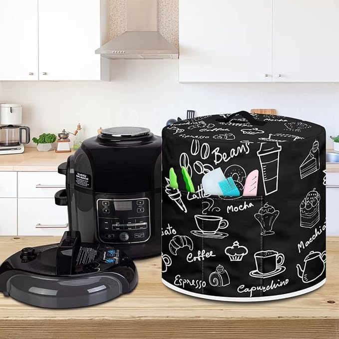 Dust Cover for Kitchen Appliance Accessories for 6 Quart Pressure Cooker Air Fryer Rice Cooker Dust Protection with Storage Pockets, Coffee Dessert Black