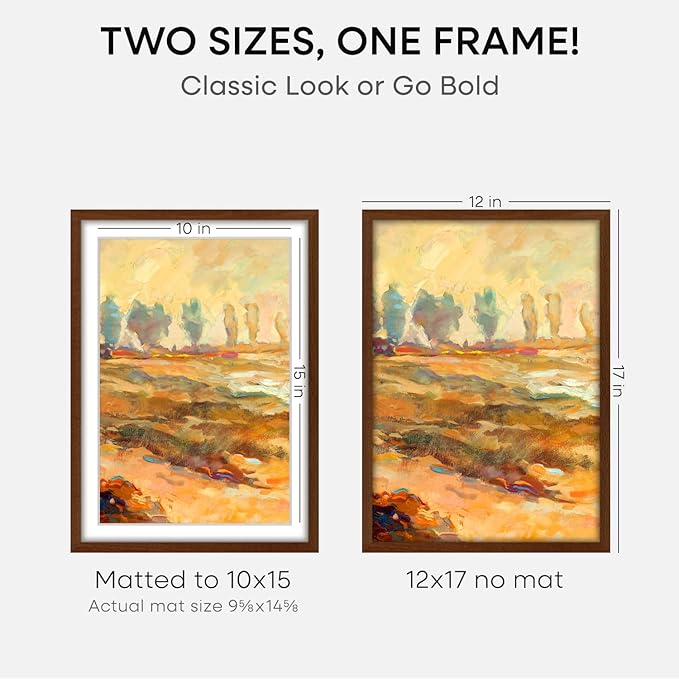 Homeforia 12x17 Picture Frame Brown, High End Dark Oak 12x17 Poster Wood Frame with Mat 10x15 for Photo, 12 x 17 Wooden Walnut Frame Matted to 10 x 15, 17x12 Frames, Tempered Glass, Wall Kit, Set of 2