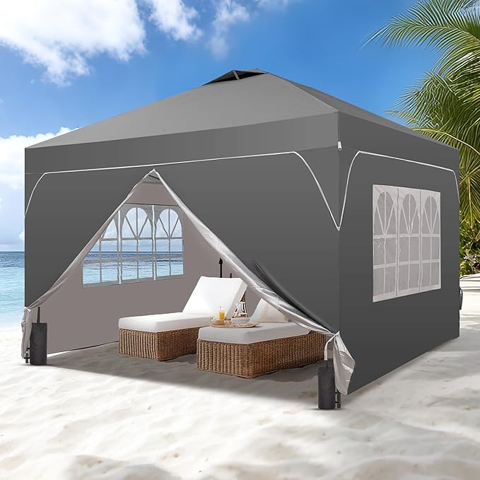 Saemoza 12x12 Pop Up Canopy Tent with One Push Setup, Outdoor Sun Shade Canopy with Vent Top for Backyard Party, Easy Up Instant Shelter with 4-Sandbags & Wheel Bag, Grey.