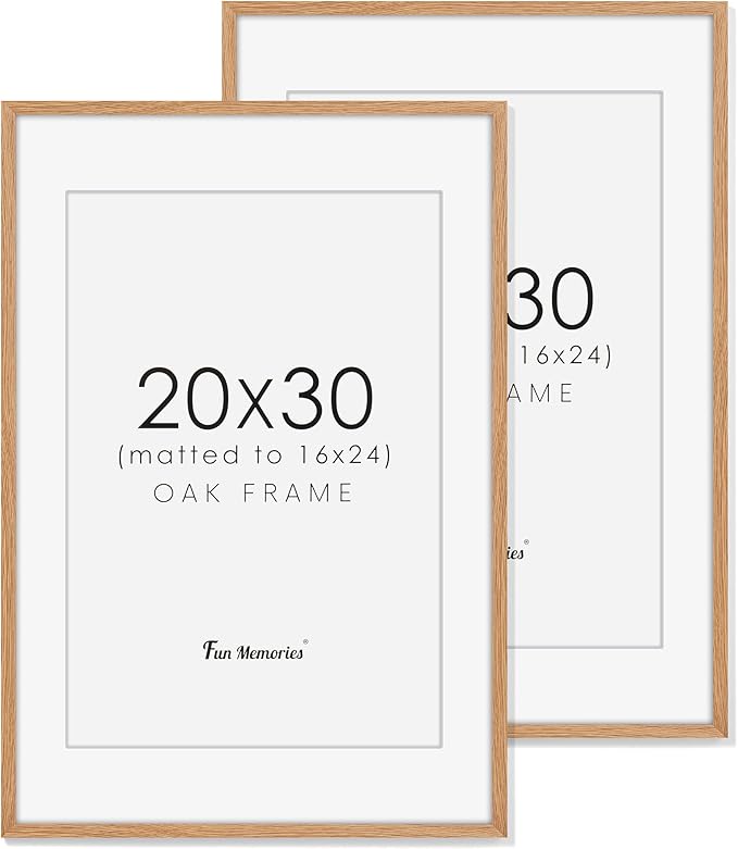Fun Memories 20x30 Oak Wood Picture Frame, 20"x30" Poster Frame for Wall, 20x30 Picture Frame with Mat for 16x24, 20 x 30 Picture Frames with Real Glass (Beige Oak Color, 2 Pack)