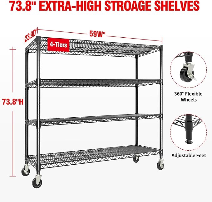 GarveeLife 74" H Storage Shelves with Wheels 2640 LBS Heavy Duty Metal Shelving 4-Tier Wire Shelving for Corner Storage Rack Adjustable Pantry Shelf for Kitchen Pantry, 74" H x 59" W x 24" D