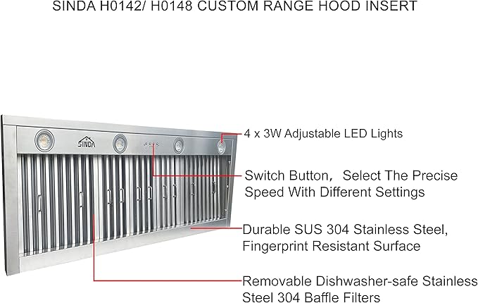SINDA 48 inch Built-in/Insert Range Hood 1150 CFM, Stainless Steel Under Cabinet Range Hood Kitchen Vent Hood with Liner and SINDA Internal Motor, 4-Speed Fan, Adjustable Lights, Baffle Filter