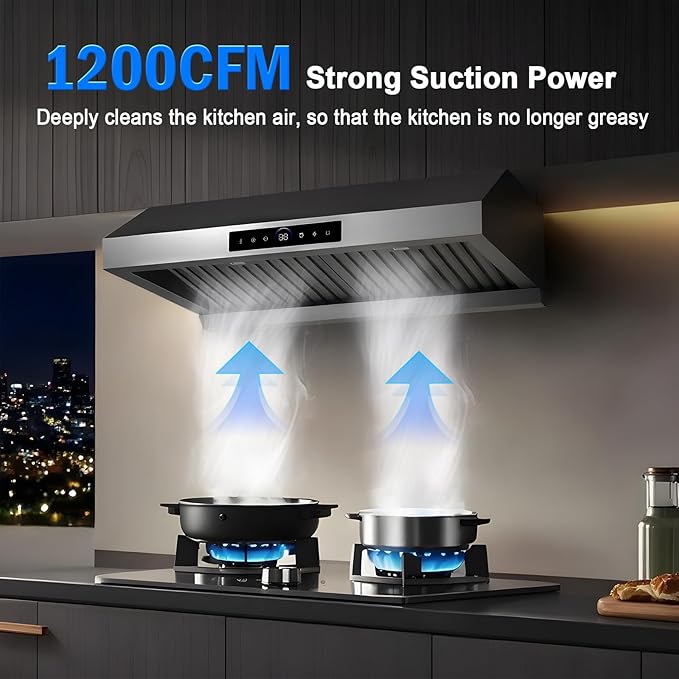 30" Under Cabinet Range Hood- 1200CFM Ultra Powerful Stainless Steel Ducted Vent Hood with 4 Speeds,Smart Touch Panel, 3W LED Lights, Quiet Kitchen Exhaust Hood,17S-E30