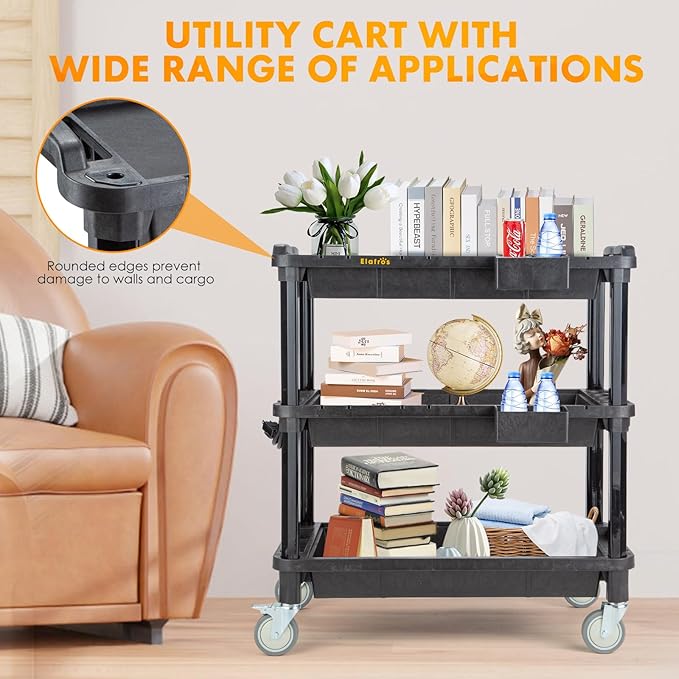 ELAFROS Multi-Use Rolling Cart with Power Strip – Industrial-Grade Plastic Utility Cart with 3 Deep Plastic Shelves, 500 lbs Capacity, 32.4"x18.3", Work cart, Black