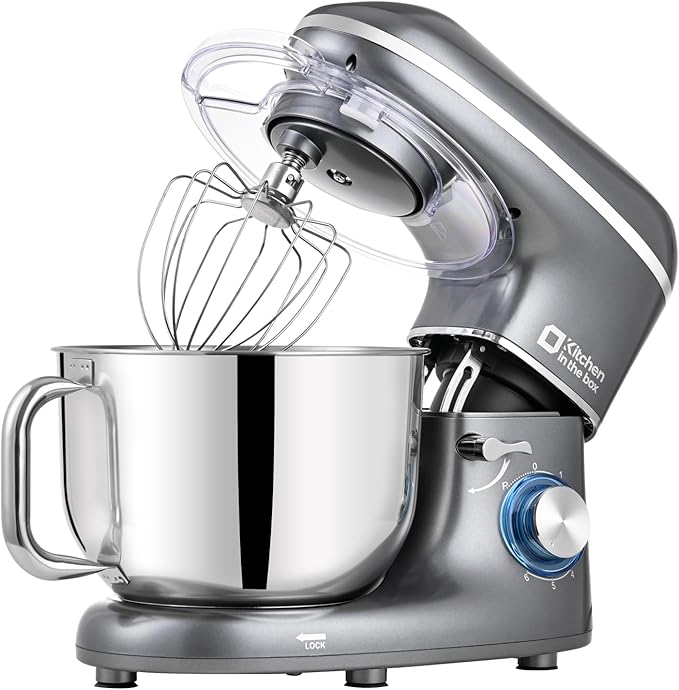 Kitchen in the box Stand Mixer, 6.5QT 660W Kitchen Electric Mixer, 6-Speed Tilt-Head Food Mixer with Dough Hook, Wire Whip and Beater (Grey)