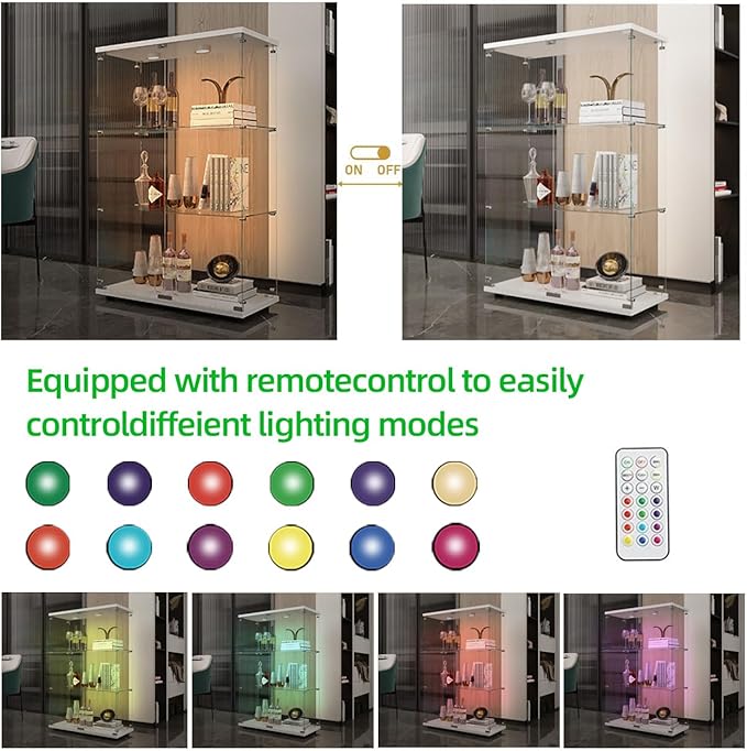 Glass Display Cabinet with LED, 3 Shelves with 2 Doors, Curio Storage Cabinets with Lock for Living Room, Office, Floor Standing Glass Bookshelf, Quick Installation - White