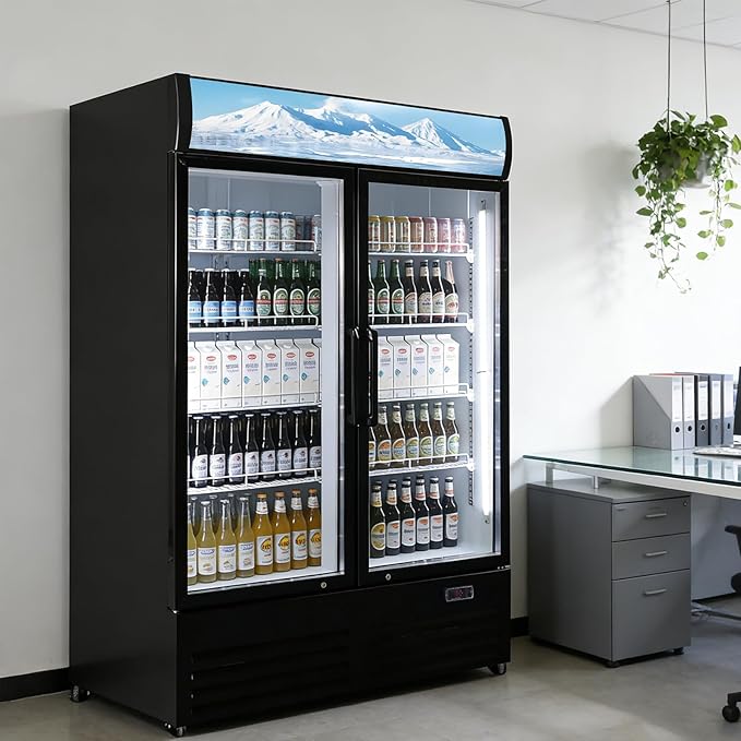 36 Cu Ft Commercial Beverage Refrigerator with 2 Glass Doors - Upright Drink Cooler Merchandiser with LED Light Display, 8 Adjustable Shelves, Black, ETL Approved for Business & Retail
