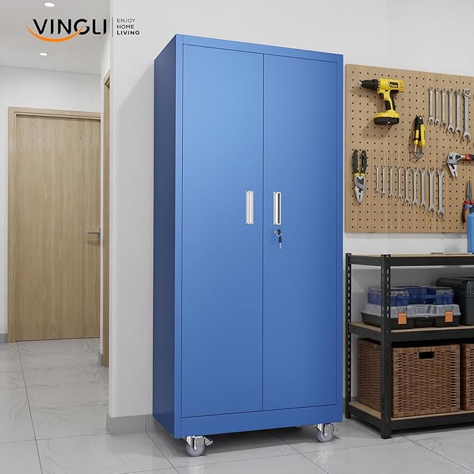 VINGLI Rolling Metal Storage Cabinet with Adjustable Shelves, 71'' Tall Garage Storage Cabinet with Wheels, Locking Tool Cabinets for Home Office Garage Gym School (Blue)