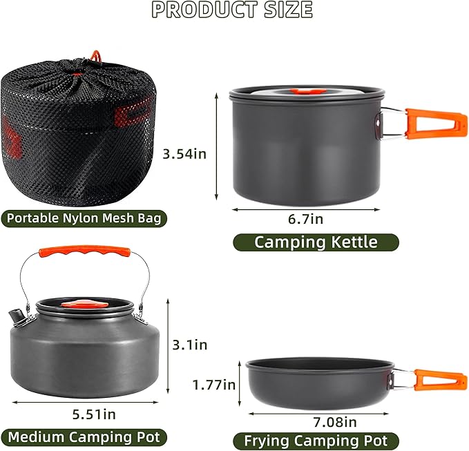 aiGear Camping Cooking Set Cookware Mess Kit with Storage Bag Pot Pan and Teapot Set Camping Accessories for Outdoor Camping Hiking Picnic Portable and Lightweight Aluminum Color Green,Black,Orange