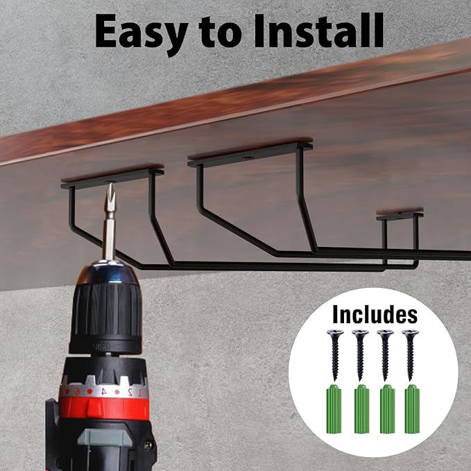 14-Inch Under Cabinet Wine Glass Holder - Metal Stemware Rack, Single Rail Hanging Rack for Kitchen Bar - Set of 3