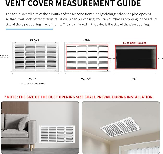 Return Air Grille 24x16(Duct Opening Size),Air Return Vent Cover,Flat Vent Cover,Rejillas De Aire Acondicionado Para Casa,Return Air Grilles,Outer Dimensions:25.75"Wx17.75"H(24"W x 16"H, Duct Opening)