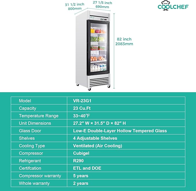 COOLCHEF 27" Commercial Glass Door Refrigerator, 23 Cu.Ft Single Door Reach-In Cooler, 33-40℉, Low-E Tempered Double Glass, 4 Shelves, R290