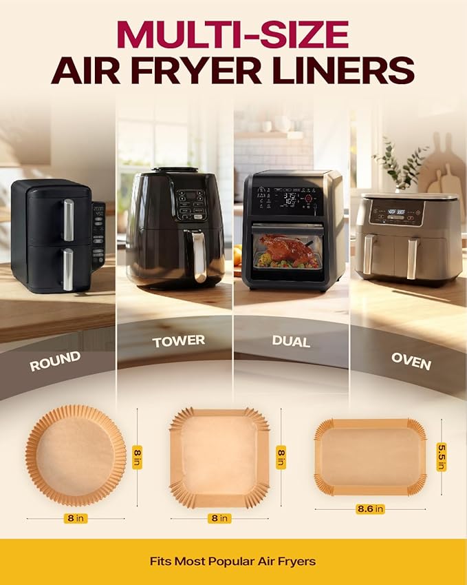 Katbite Air Fryer Liners Disposable - 8 inch Square Non-Stick Airfryer Paper Liners with Recipe Fridge Magnet, Unbleached Parchment Paper for 5 to 8 Qt Basket, Easy Cleanup, 130pcs