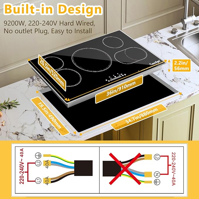 36 Inch Built-In Radiant Electric Cooktop, 5 Burner Smoothtop Stove Top with Triple Expandable Zone, 9200W 240V Hardwired Touch Control, 9 Power Levels, Timer, Child Lock & Hot Surface Indicator