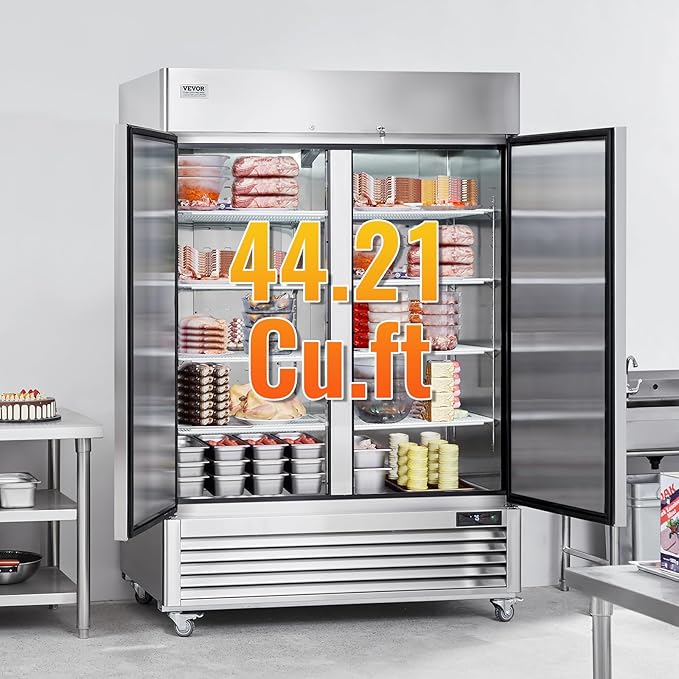 VEVOR Commercial Freezer 44.21 Cu.ft, Reach In 54.4" W Upright Freezer 2 Doors, Auto-Defrost Stainless Steel Reach-in Freezer with 8 Adjustable Shelves, -13 to 5℉ Temp Control, LED Lighting, 4 Wheels