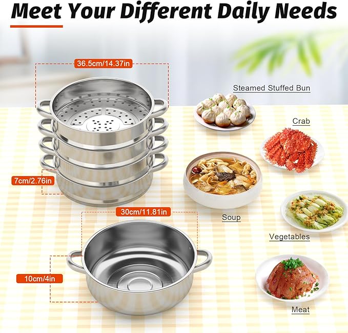 Steamer 30cm/11.81in, 5-tier Stainless Steel Steam Cooker w/Clear Glass Lid & Handles, Home Round Stackable Multipurpose Steam Pot for All Stoves, 14.37 * 15.55in (1xBottom Pot, 4xSteaming Baskets)