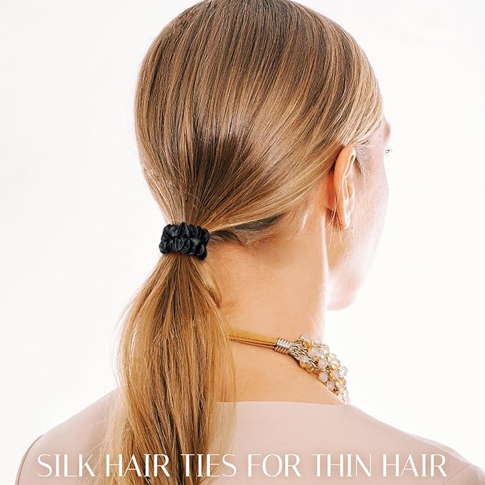 OLESILK Silk Hair Ties for Women: 100% Mulberry Skinny Silk Scrunchies, Soft Smooth No Damage No Crease for Thin Fine Curly Hair 5 Pack, Multi