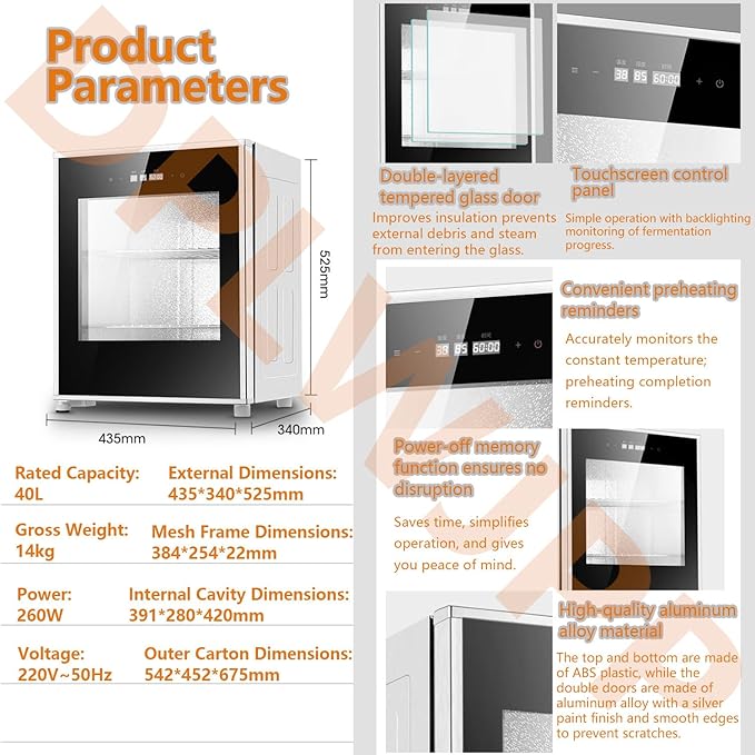 Commercial-Grade 40l Electric Fermentation Chamber Bread Proofing Box Sour Dough Proofer with Dual-Layered Adjustable Proofer for Artisan Bread Baking Yogurt Culturing