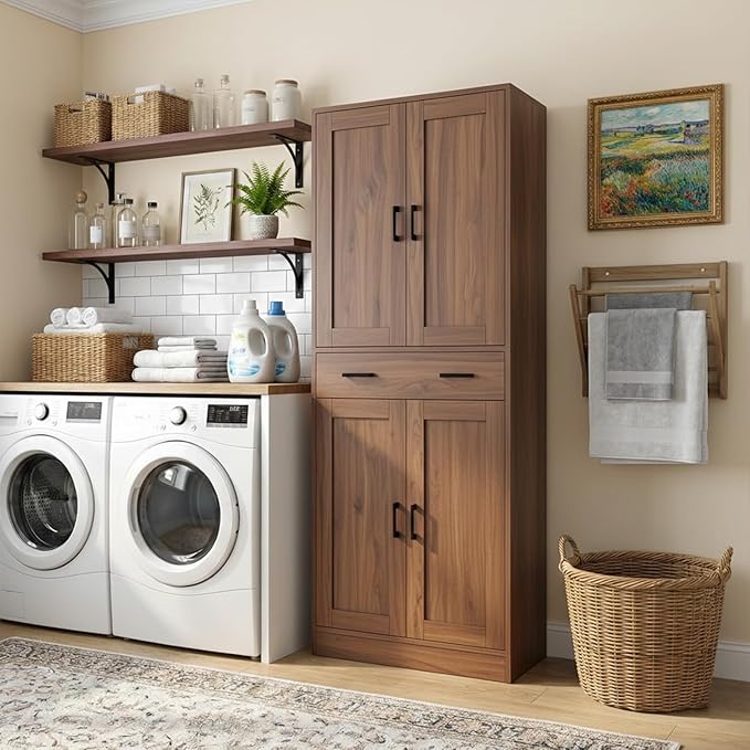 71" Tall Kitchen Pantry Cabinet, Freestanding Storage Cabinet with Drawer and 4 Doors, Large Brown Utility Floor Cupboard with Adjustable Shelves for Dining Room, Bathroom, Home Office