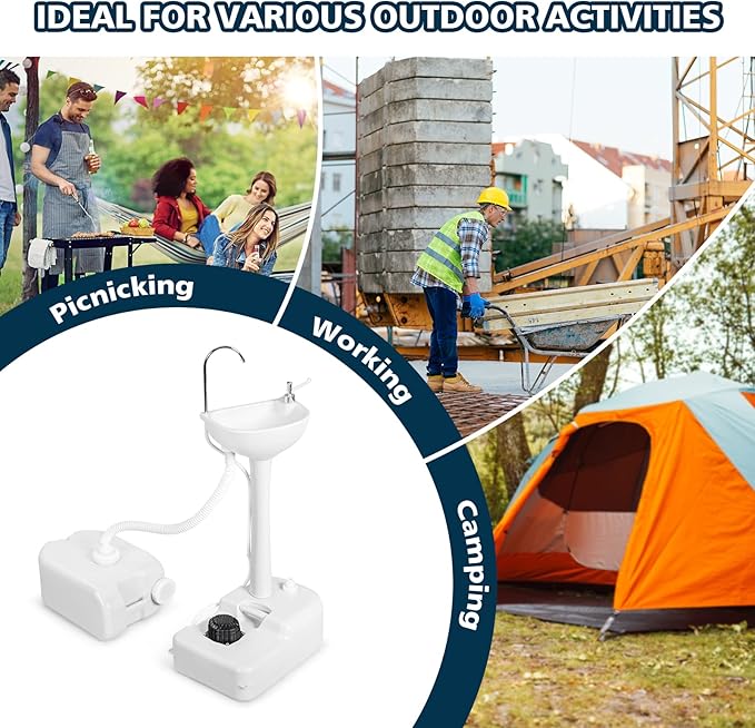 GYMAX Portable Camping Sink, Hand Wash Station with 4.5 Gal Water Tank 6.5 Gal Sewage Tank, Soap Dispenser, Towel Holder, Hands-Free Foot Pump, Indoor/Outdoor Rolling Wash Basin