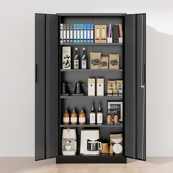 Greenvelly 72" H Metal Storage Cabinet, 32" W x 16" D Black Metal Cabinet with 2 Doors and 4 Adjustable Shelves, Locking Cabinets for Office, Home, Garage, School