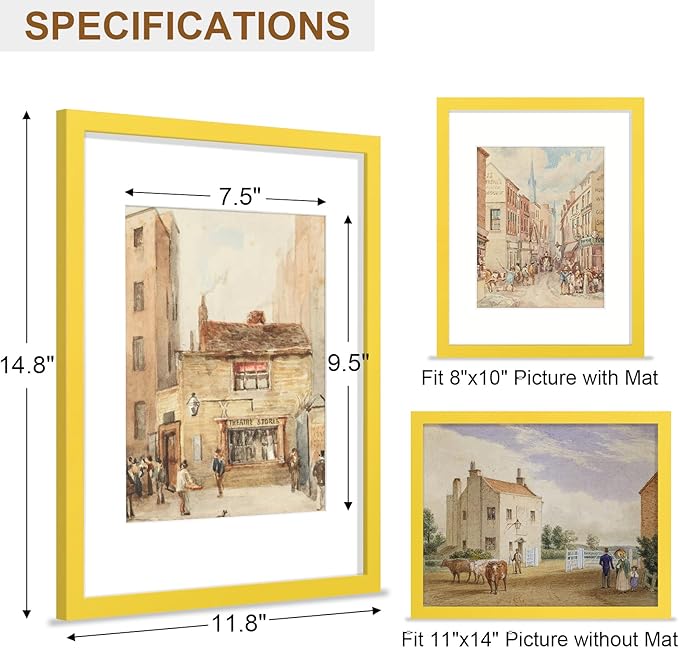 Vittanly 11x14 Picture Frame, Solid Wood Frame with Plexiglass, Includes 8x10 Mat, Wall Hanging for Photos, Home Decor, Yellow, 1 Pack