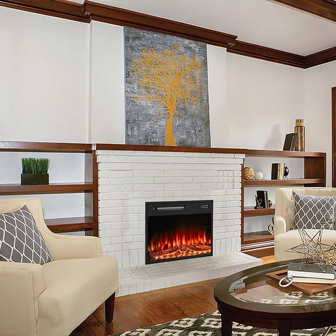 BOSSIN 23 inch Electric Fireplace Insert with Stove Heater for TV Stand,LED Realistic Flame,Recessed Mounted Fireplace Heater with Remote Control,Fireplace with Adjustable Flame, Timer 750/1500W
