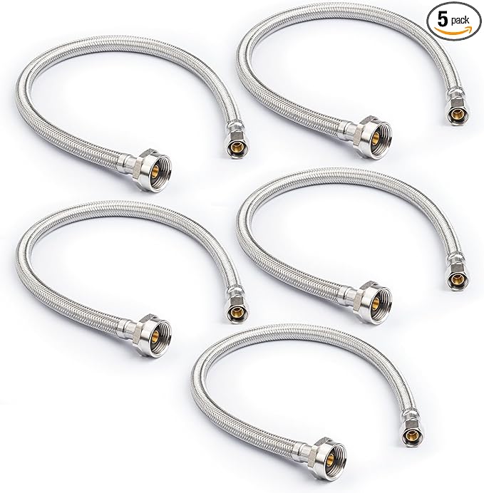 Stainless Steel Braided Water Connectors with Reinforced PVC Inner Hose for Toilets, 3/8" Compression x 7/8" Metal Ballcock, 20" Length (5Pack)