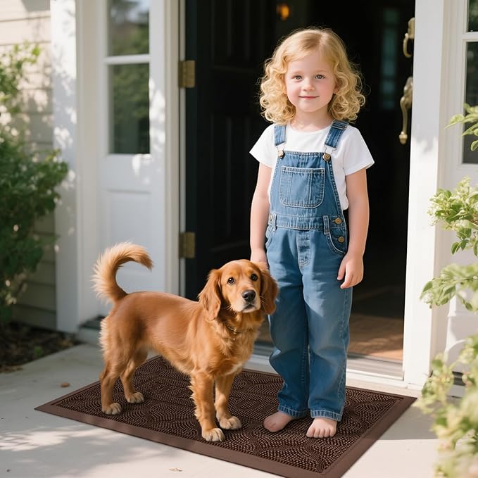 FRAMICS Front Door Mat Outside Entrance, Heavy Duty Rubber Door Mats Non-Slip Waterproof Welcome Doormat Outdoor, Low Profile Patio Doormats Dirt Trapper Indoor Mats for Entryway, 17x30 Inches, Brown